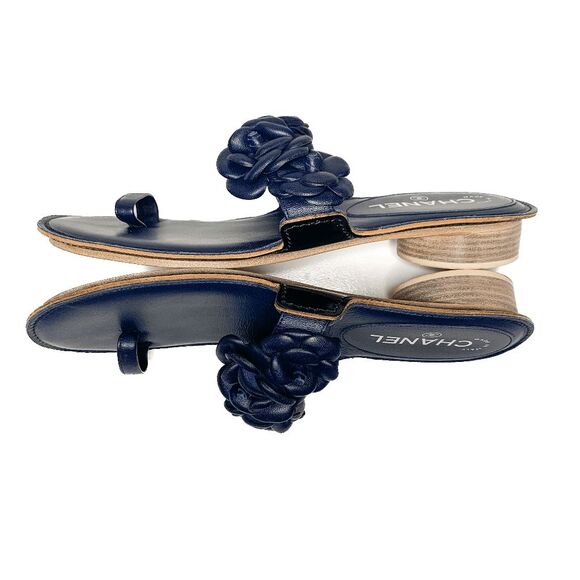 Chanel Camellia Flower CC Logo Flat Toe Ring Slide Blue Sandals EU 40 US 9-9.5 - Picture 5 of 9